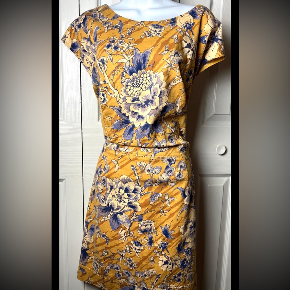 ANTHROPOLOGIE Tie Back Dress Boho Cap Sleeves Gold Blue Open Back Mini Plus 22W - Picture 6 of 12